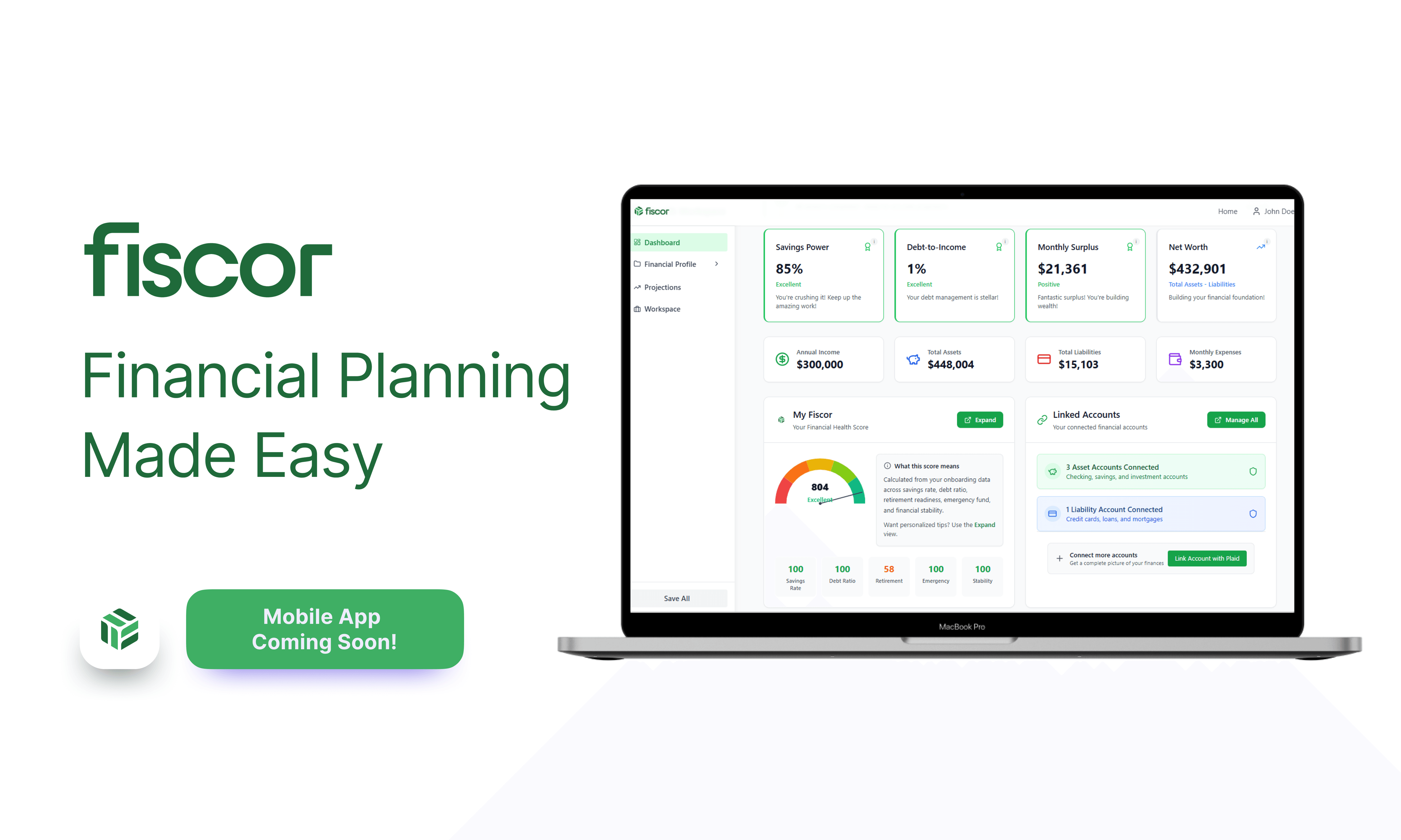Fiscor financial planning platform preview showing wealth workspace interface