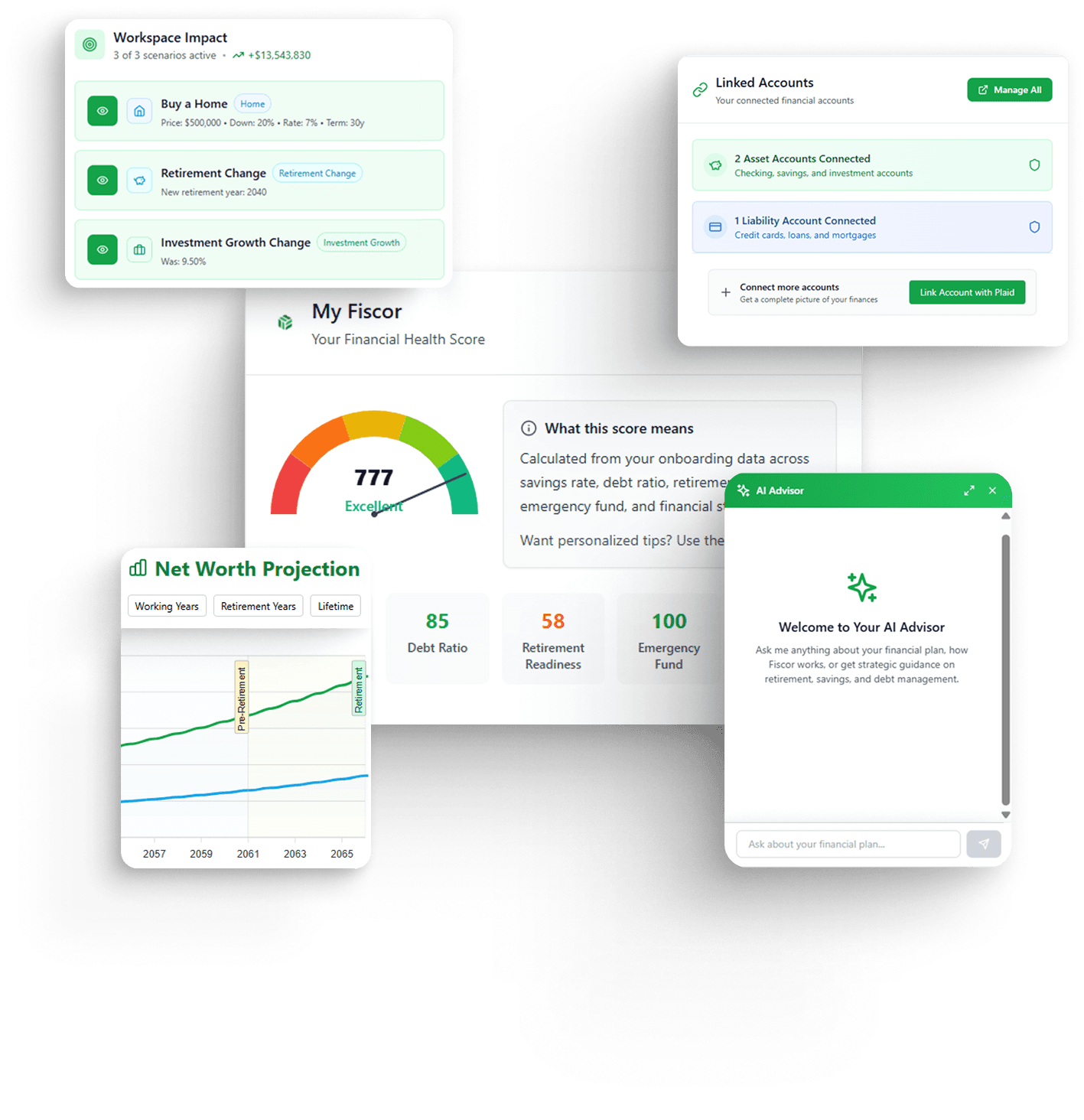 Collage of Fiscor financial planning features, including modern tools for projections, scenarios, and AI-powered insights that simplify planning.